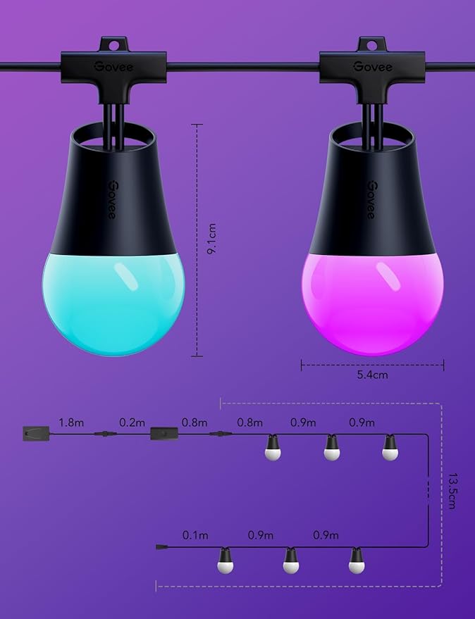 Govee Smart Outdoor String Lights 2 48ft Outdoor Lights with Dimmable Warm White LED Bulbs 47 Scene Modes for Patio Backyard Balcony IP65 Waterproof Works with Alexa App Control