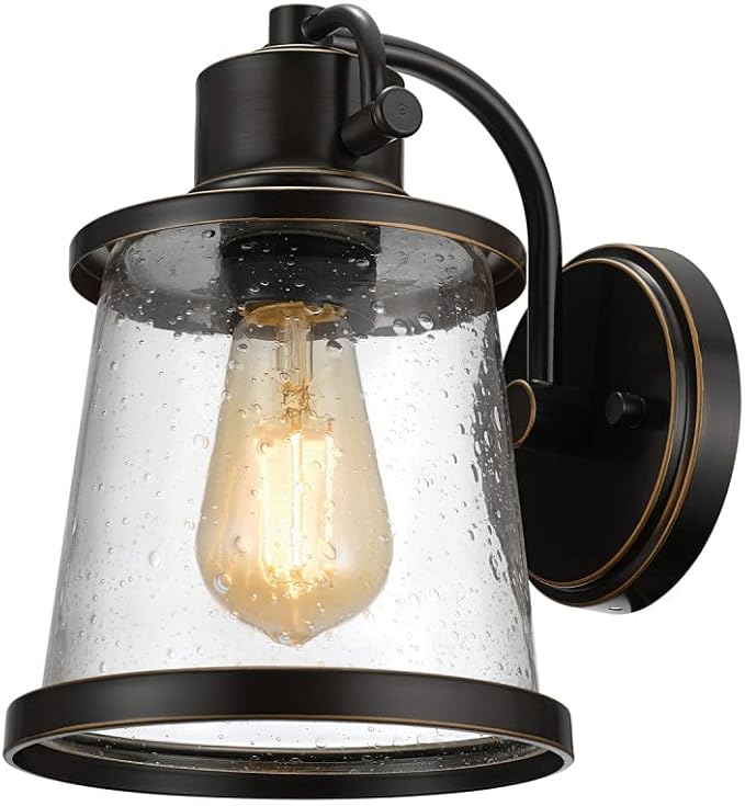 Globe Electric 44127 Charlie 1-Light Outdoor Indoor Wall Sconce LED Bulb Included Oil Rubbed Bronze Clear Seeded Glass Shade 500 Lumen