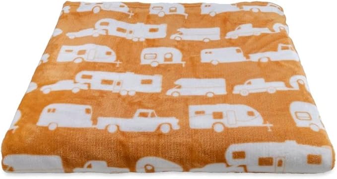 Camco 53441 Life is Better at The Campsite Plush Fleece Blanket Queen Size - Keeps You Warm While at Home Camping or on Picnics - Machine Washable - Features a Brand RV Print Autumn Gold