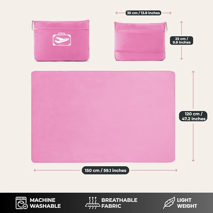 FlyHugz Pink Travel Blanket &amp Pillow Set (59.1x47.2) with Carry Case Luggage Sleeve &amp Clip – Portable Lightweight Breathable &amp Washable – Perfect for Plane Car Camping &amp Travel