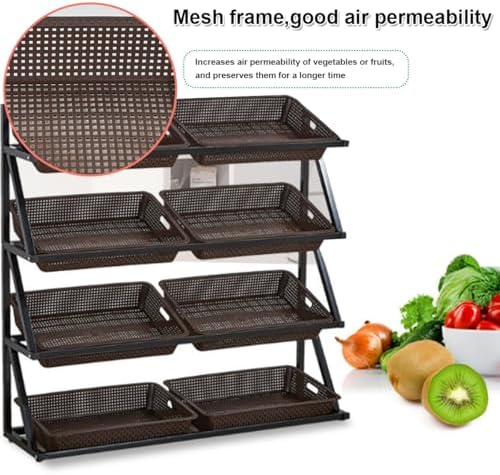 Store Display Rack Wall Mounted Storage Rack Supermarket Convenience StoreCommercial Supermarket Vegetable &amp Fruit Shelf Organizer 4-Tier Snack Rack Display with 8 Baskets Large Capacity