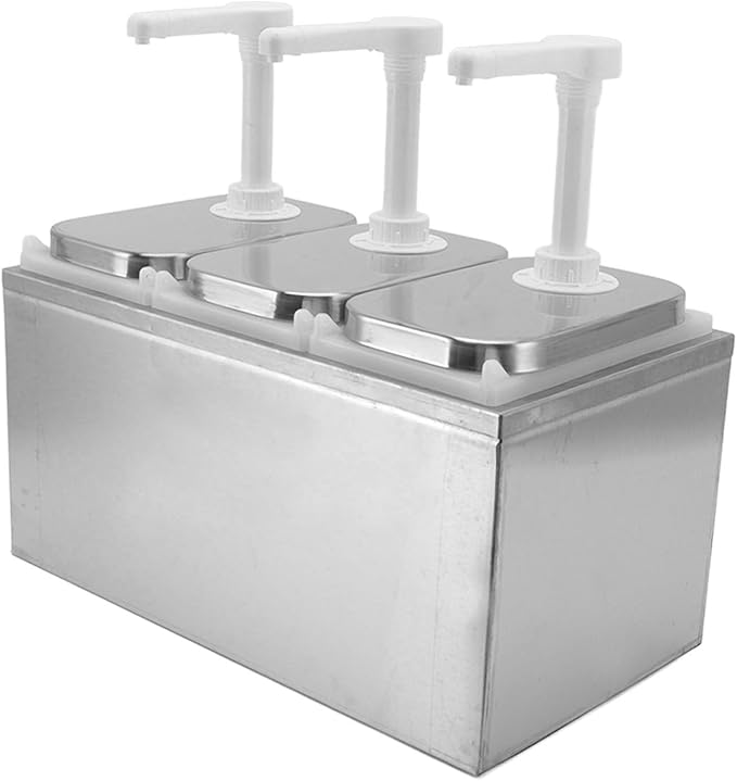 Condiment Pump Station Sauce Dispenser Stainless Steel and Plastic Syrup Pump Dispenser with 30ml Squeeze Capacity Kitchen Sauce Pump for Ketchup Mustard Honey Milk Chocolate Oil (2L Triple Pump)