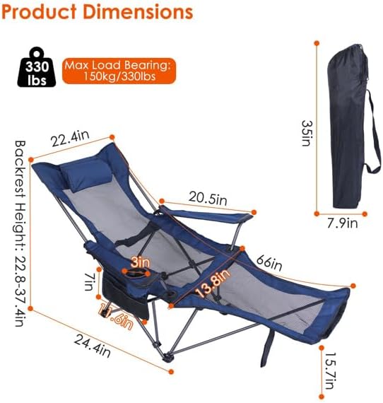 Foldable Camping Chair 330LBS Load Heavy Duty Steel Lawn Chair Collapsible Chair with Reclining Backrest Angle Cup Holder Pillow Side Pocket Carry Bag
