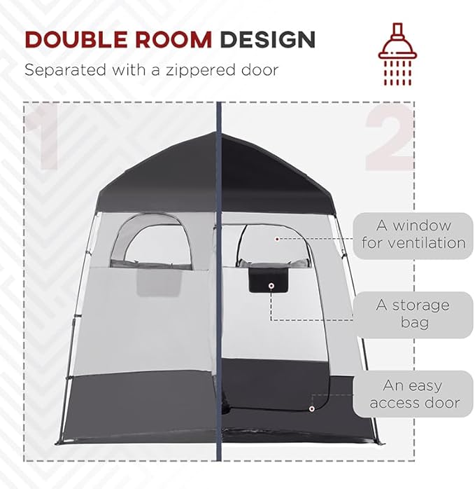 Outsunny Shower Tent Pop Up Privacy Shelter for Camping Dressing Changing Room Portable Instant Outdoor Shower Tent Enclosure w/ 2 Rooms Shower Bag Floor and Carrying Bag Black