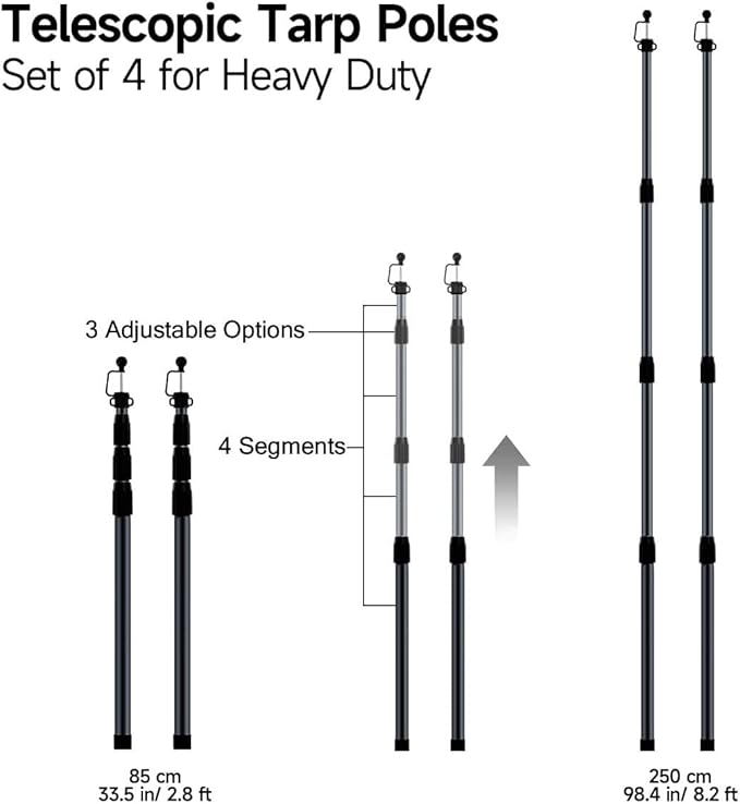SANLIKE Black Aluminum 8.2' Telescopic Tent Poles Set of 4 for Tarp Camping Hiking