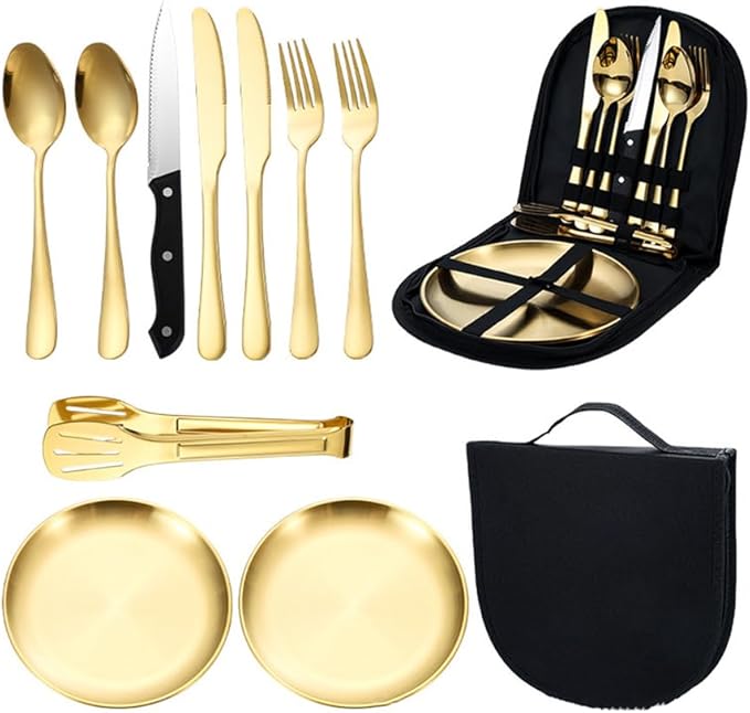 Stainless Steel Outdoor Camping Mess Kits Includes Forks Spoons Knives Food Clip Plates - Portable Cutlery BagGold