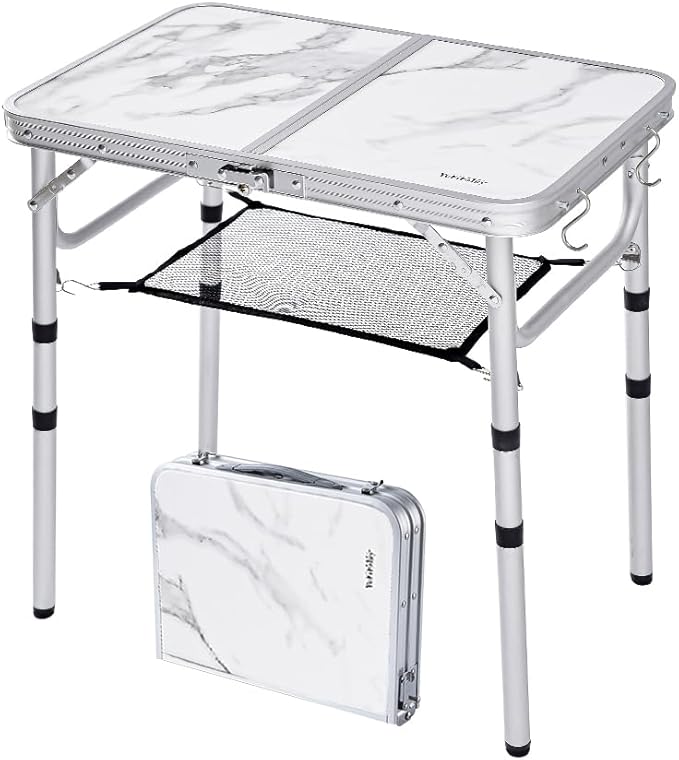 Small Folding Camping Table 2ft Portable Table with 3 Adjustable Heights Aluminum Lightweight Foldable Picnic Table with Mesh Layer and Extension Legs for RV BBQ and Indoor