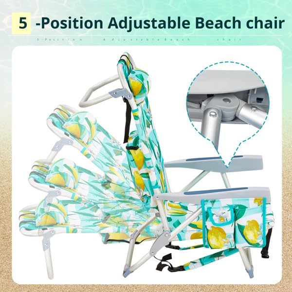 Folding Backpack Beach Chair 4 Position Portable Camping Chair with Headrest Cup Holder and Wooden Armrests (Green 1 Pack)