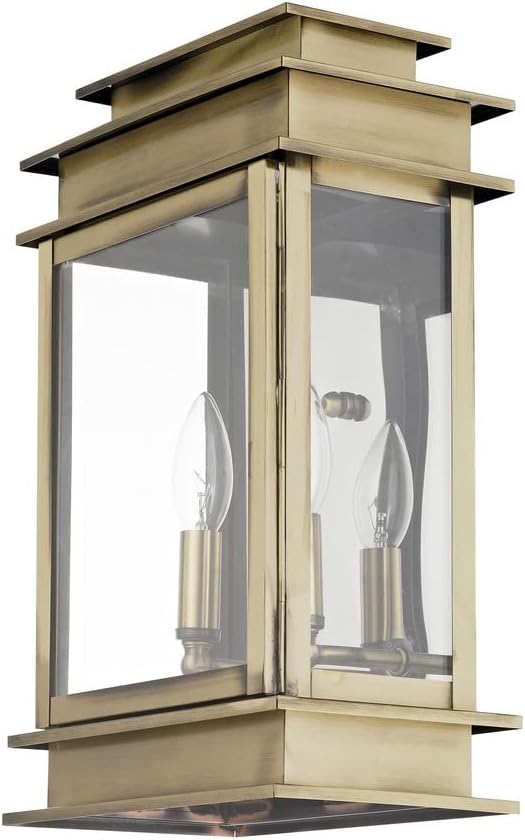 Livex Lighting 2016-01 Transitional Two Light Outdoor Wall Lantern from Princeton Collection Finish Antique Brass