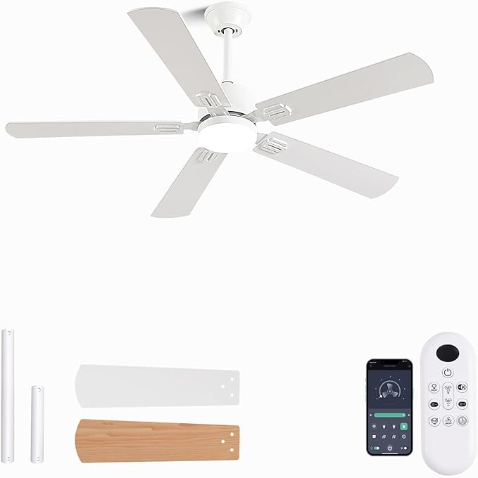 56inch Modern White Ceiling Fans with Lights and Remote/App Control Dimmable LED Reversible DC Motor Noiseless 6 Speeds Low Profile Ceiling Fan for Livingroom Indoor/Outdoor Use