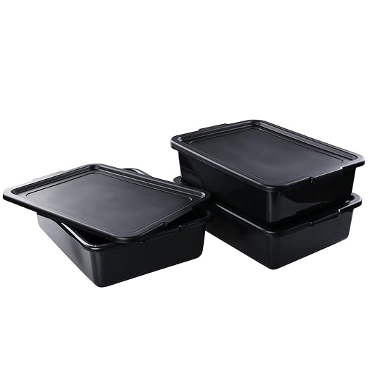 3-Pack Plastic Bus Box with Lid Commercial Bus Tubs 13 L Black