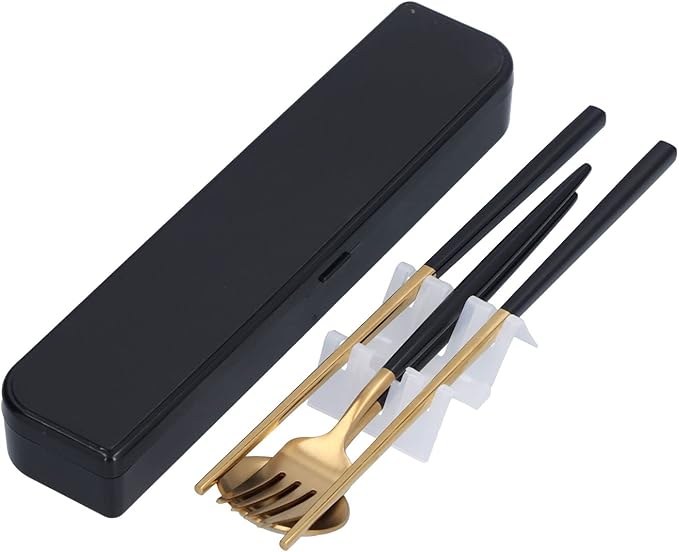 3Pcs Portable Travel Utensils Set Stainless Steel Spoon Fork Chopsticks Dishwasher Safe Cutlery with Anti Shake Groove Compact Kitchen Flatware for School Camping Office (Black gold (black storage