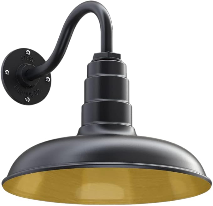 Steel Lighting Co. Topanga Barn Light | Outdoor Wall Mounted | Farmhouse Garage Light Made in America | 14 inch Dome | 11 inch Gooseneck | Matte Black Exterior/Brass Interior