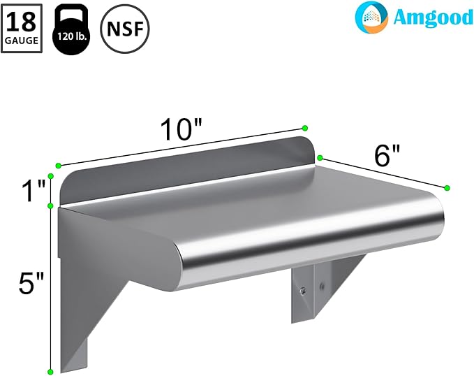 AmGood 6 in. x 10 in. Stainless Steel Wall Shelf | NSF Certified | Appliance &amp Equipment Metal Shelving | Kitchen Restaurant Garage Laundry Utility Room