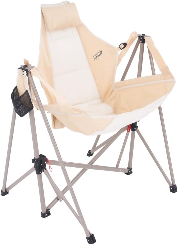 Portable Swing Hammock Chair | Foldable Recliner Rocking Lounger with Headrest &amp Drink Holder | Outdoor Sports Beach Lawn Hunting Tailgating Fishing | Supports 300Lbs (Beige)