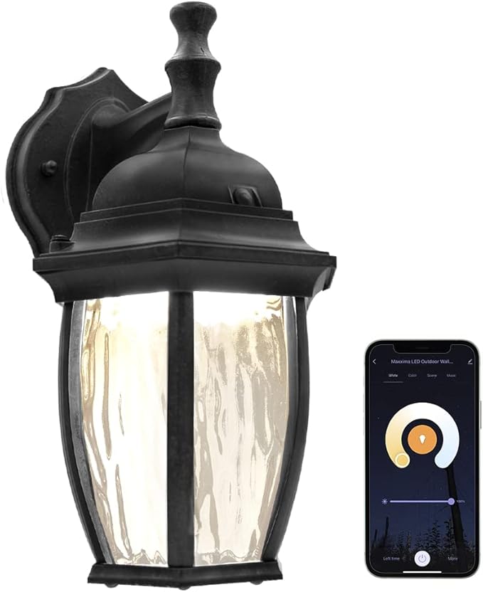 Maxxima Luvoni Smart WiFi LED Outdoor Wall Light Black w/Clear Water Glass App Controlled Porch Lantern 850 Lumens CCT 2700K - 6500K Dimmable Works with Google Home/Alexa