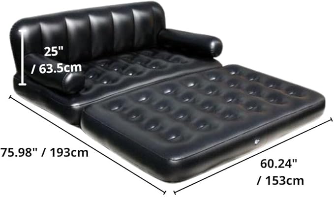 Folding Portable Inflatable Sofa Twin Bed Lazy Flocking Queen Size Air Bed Mattress - Great for Pop Up Indoor Living Room and Outdoor Balcony Backyard Camping Picnic RV + Foot Pump (Black)