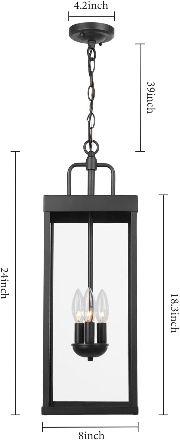 Large Outdoor Pendant Lantern Light Fixture for Front Porch 24 Inch 3-Light Black Exterior Hanging Chandelier with Clear Glass Outdoor Indoor Pendant Lamp for Patio Gazebo Entryway Doorway