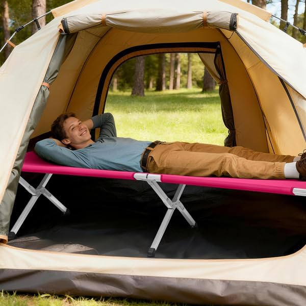 Portable Folding Camping Cot Heavy Duty Sleeping Bed with Carrying Bag 610D Oxford Cloth &amp Lightweight Aluminum Frame 275lbs Load Outdoor Cot for Adults Travel Hiking Office (Pink 1 Pack)