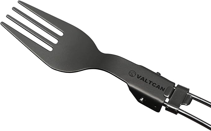 Valtcan Titanium Folding Utensil Set 3 Piece Fork Knife Spoon - 58g Ultralight Locking Hinge Full-Size When Open Pocket-Size When Folded Zero Metallic Taste Grade 1 Ti Carry Pouch Camping EDC