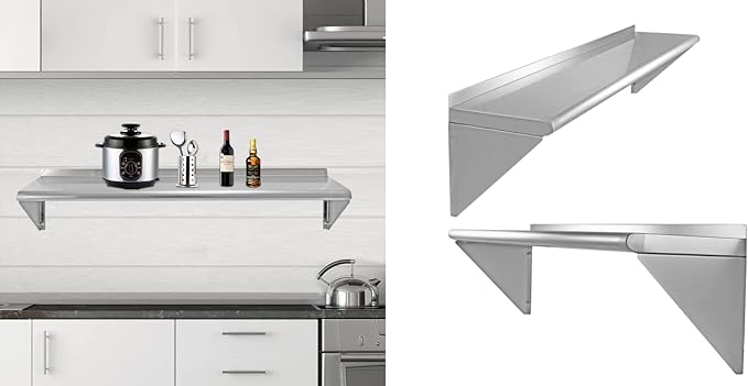 12''x48'' - 2packs Wall Mounted Stainless Steel Shelf NSF Commercial Metal Wall Mount Floating Shelving for Kitchen Restaurant Food TruckGarageWashroomsHome&ampHotel