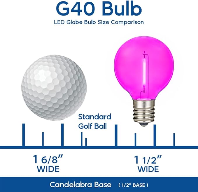 Novelty Lights 25 Pack Pink G40 LED Filament String Light Bulbs E12/C7 Candelabra Base 5 Watt Equivalent Shatterproof Replacement Bulbs for Patios Canopy Lighting