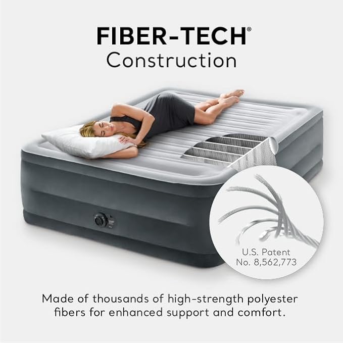 Intex 64417ED 22in Queen Dura-Beam Comfort Plush High-Rise Inflatable Air Mattress with Built in Pump for Travel and Camping 600lb Weight Capacity