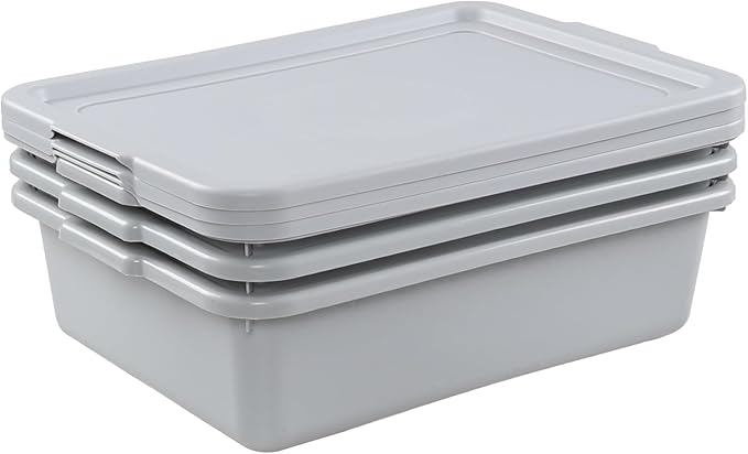 3-Pack 13 L Commercial Bus Tub Box Plastic Restaurant Bus Tubs with Lids Grey