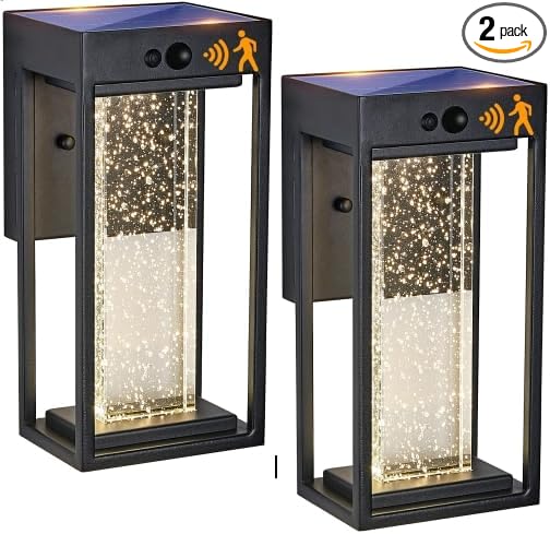 2PK Solar Led Outdoor Sconces with 3 Modes Motion Sensor Crystal Exterior Light Fixtures Wall Mount Black Dusk to Dawn Solar Porch Lights 4000K 250LM Outside Light for House Front Door Patio