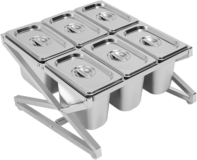 Expandable Spice Rack 6 Pans Commercial Stainless Steel Organizer Shelf with Lids and Six 1/9 Pans for Sauce Ingredients Fruits