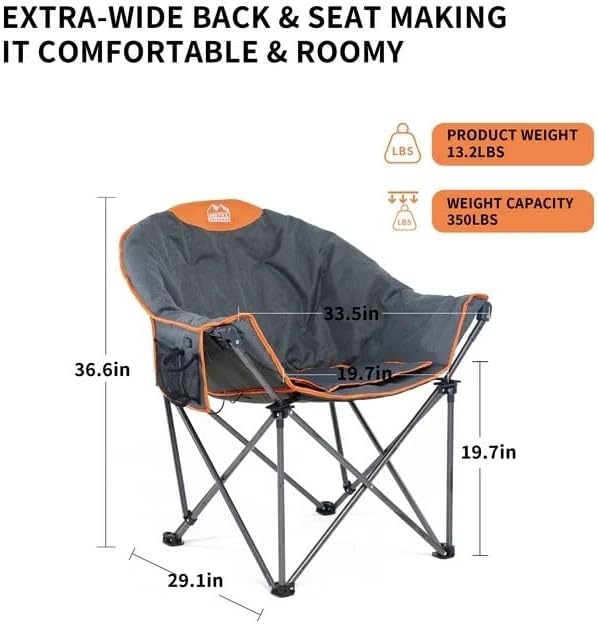 M8TRX Heated Camping and Club Chair Outdoor Portable Folding Chair Supports 350 LBS USB Charging Port Orange and Grey