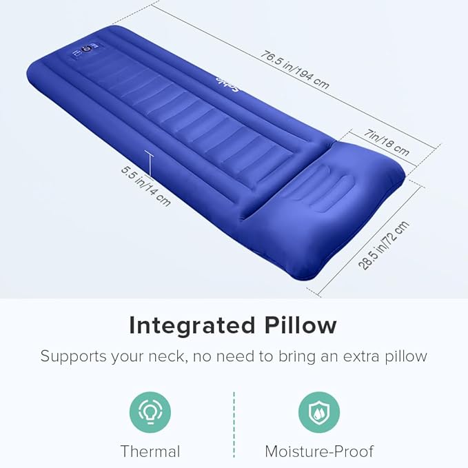 Sleeping Pad for Camping Extra Thickness 5.5 Inch Ultralight Inflatable Sleeping Mat with Pillow Built-in Foot Pump Compact Waterproof Camping air Mattress for Backpacking Hiking Traveling (Single)