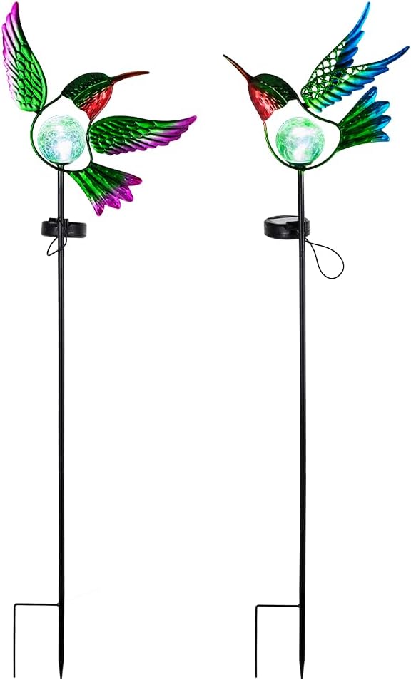 Hummingbird Solar Garden Lights with Stake 2 PackBird Pathway Solar Outdoor Crackle Glass Globe Light for GardenWalkwayPathwayYardLawn