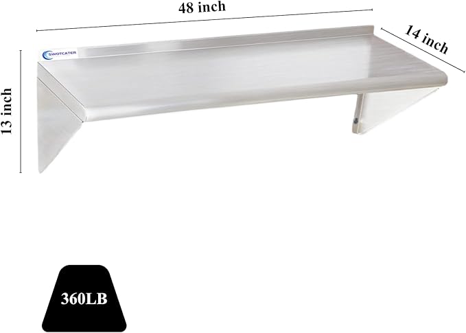 2 Pack Stainless Steel Shelf 14x48 360LB Commercial Stainless Steel Shelves Wall Mounted Heavy Duty Metal Floating Shelving for Home Kitchen Restaurant Garage