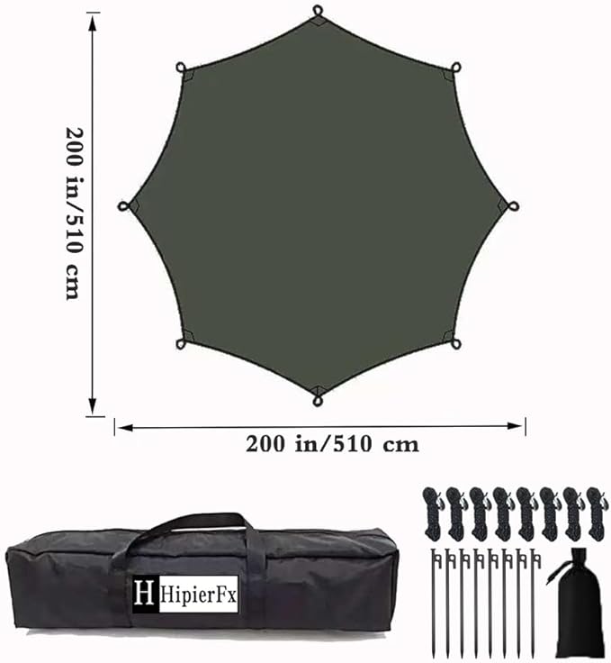 16x16 ft Large Camping Tarp with Poles Waterproof Hammock Rain Fly Camping Awning Sun Shelter (Green Without Poles)