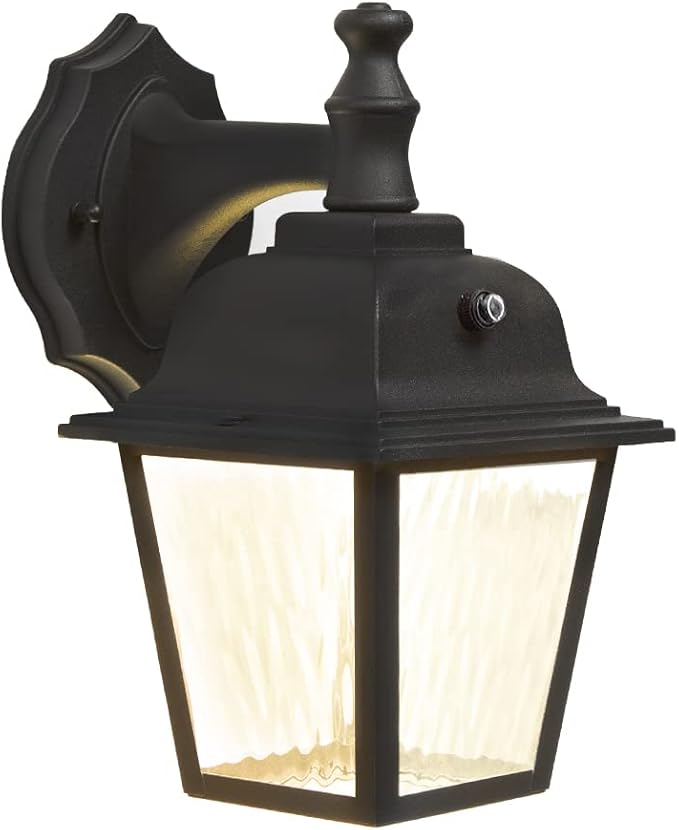 Maxxima LED Porch Lantern Outdoor Wall Light Fixture - Black Clear Water Glass Photocell Sensor 875 Lumens 3000K Warm White Dusk to Dawn Light Sensor Exterior Decorative Light