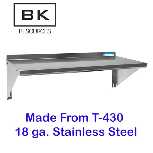 BK Resources Stainless Steel Wall Shelf 12x 48 18 Gauge T-430 Steel NSF Commercial Kitchen Food Service Use 1.5 Backsplash Angle Supports BKWSE-1248