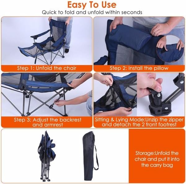 Foldable Camping Chair 330LBS Load Heavy Duty Steel Lawn Chair Collapsible Chair with Reclining Backrest Angle Cup Holder Pillow Side Pocket Carry Bag
