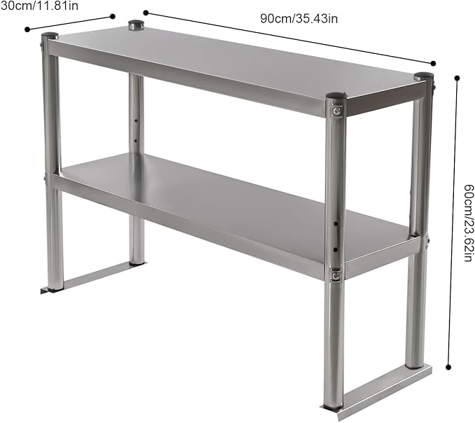 12 x 36 x 23.62 Inch Stainless Steel Double Overshelf for Commercial Kitchen Heavy Duty 2-Tier Storage Rack Work Table Organizer for Restaurant Garage Industrial Use 201 Stainless Steel