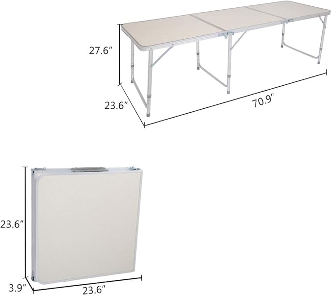 Folding Camping Table4FT Aluminum Folding Picnic Table with 3 Adjustable HeightHeavy Duty 3 Fold Utility TableIndoor Outdoor Portable Lightweight Beach Accessories with Carrying Handle (White)