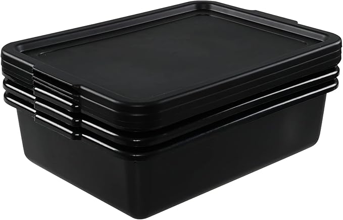 13 Liter Commercial Bus Box Tubs with Lids Plastic Bus Tray Set of 3 Black