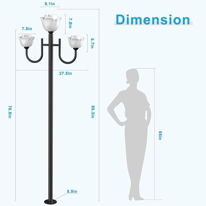 Lightdot 3-Lights Outdoor Lamp Post Light IP65 Waterproof Street Light Pole Lights Fixture with Flower Shade Outside Post Lights for Yard/Garden/Driveway (3000K LED Bulbs Included)