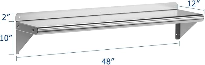 DEXSO Stainless Steel Wall Shelves 48 x 12 NSF Metal Floating Shelf Wall Mount with Triangular Structure &amp 18 Gauge Thickness for Kitchen Restaurant Garage