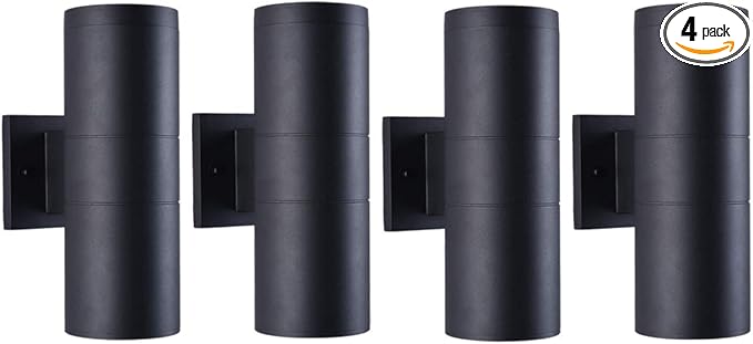 mirrea Modern Outdoor Porch Light Patio Light in 2 Lights with Matte Black Aluminum Cylinder and Tempered Glass Cover Waterproof Wall Sconce 4 Pack