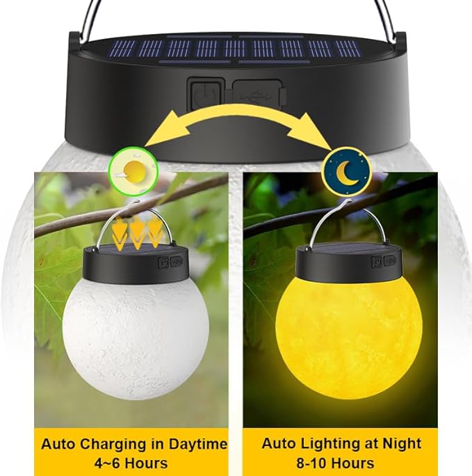 Solar Powered Garden Moon Lights 2 Pack 3D Moon Surface Printing Globe Light with Warm White LED LightsWaterproof Outdoor for LawnPatioYardCampingChristmas Lights Decor