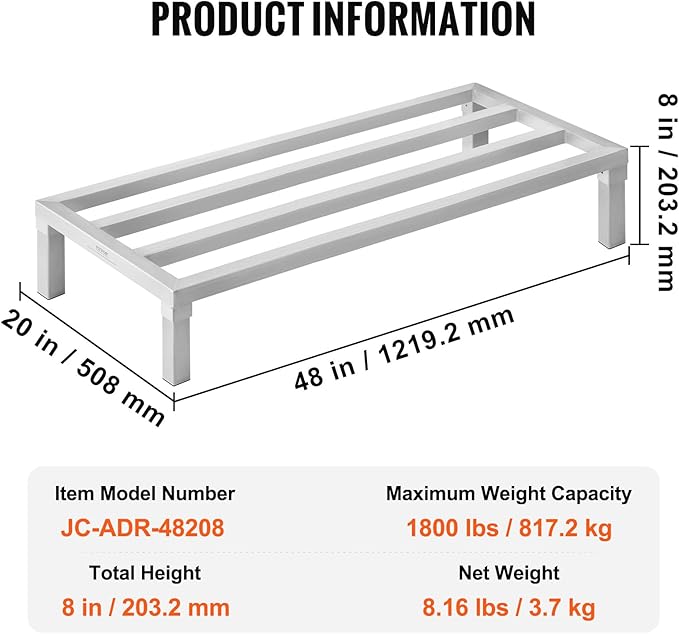 VEVOR Aluminum Dunnage Rack 48” x 20” Commercial Food Floor Rack 8” Off the Floor 1800 lbs Capacity All-Welded Aluminum Storage Rack for Storage in Restaurants Kitchens Garages and Vehicles