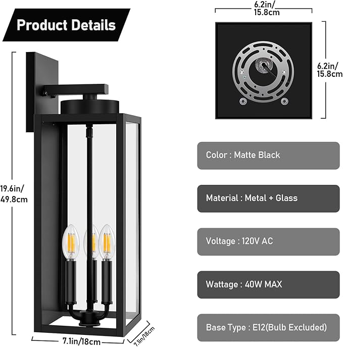 20in Large Outdoor Wall Light Fixtures Exterior Lighting Fixtures Porch Sconces Wall Mounted Waterproof Black Outdoor Wall Lanterns Lamps Outside Lights for House Patio Front Door Entryway 2-Pack