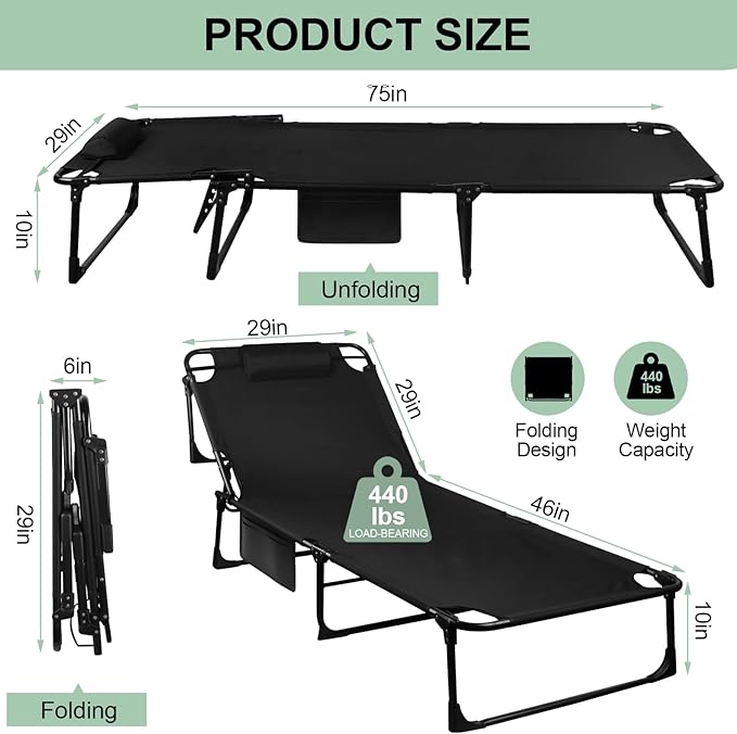 Foldable Camping Cots for Adults Adjustable 4-Position Adults Reclining Folding Chaise Outdoor Portable Folding Lounge Chair Sleeping Cots Bed with Pillow Mattress Carrying Bag for Camping Pool