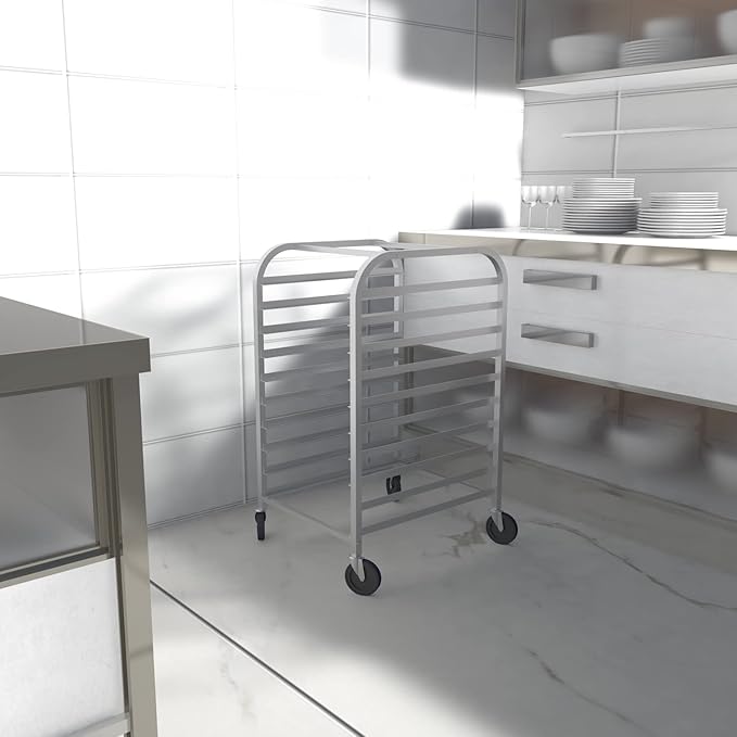 HALLY SINKS &amp TABLES H Bun Pan Rack 10 Tier with Wheels Commercial Bakery Racking of Aluminum for Full &amp Half Sheet - Kitchen Restaurant Cafeteria Pizzeria Hotel and Home 26 L x 20 W x