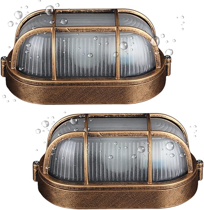 2-Pack Outdoor Oval Wall Lights 8.3Nautical Bulkhead Sconce Flush Mount for Wall or Ceiling Aluminum with Frosted Glass Vandal Resistant Security Light E26 Base Waterproof Garage Terrace Sauna